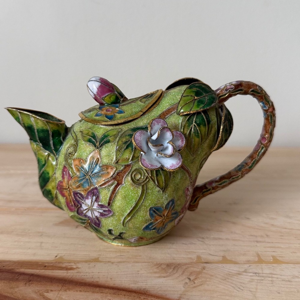 Cloisonné 3D Ornate Green Pear Floral Pitcher Teapot Enamel Decorative Only